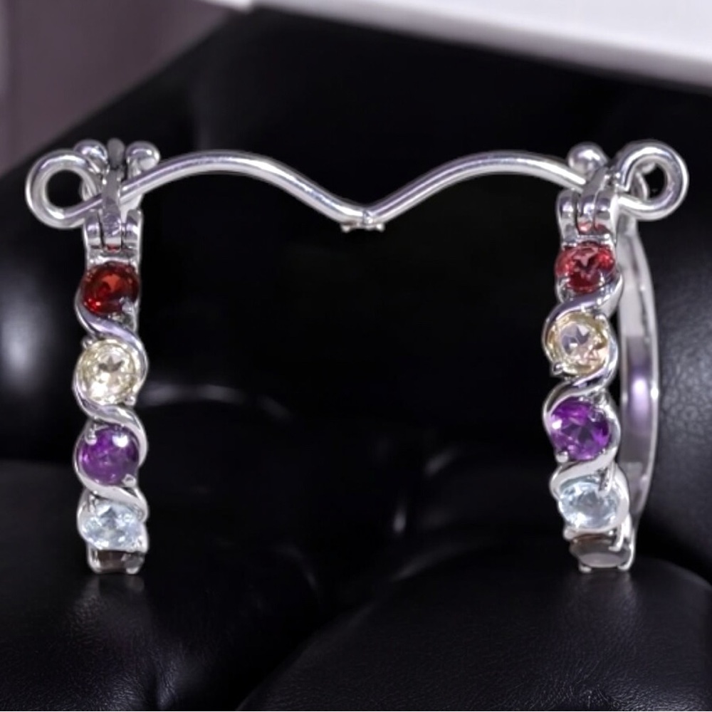 Multi Gemstone 2.60ctw Hoop Silver Earrings in Stainless Steel - Picture 5 of 8